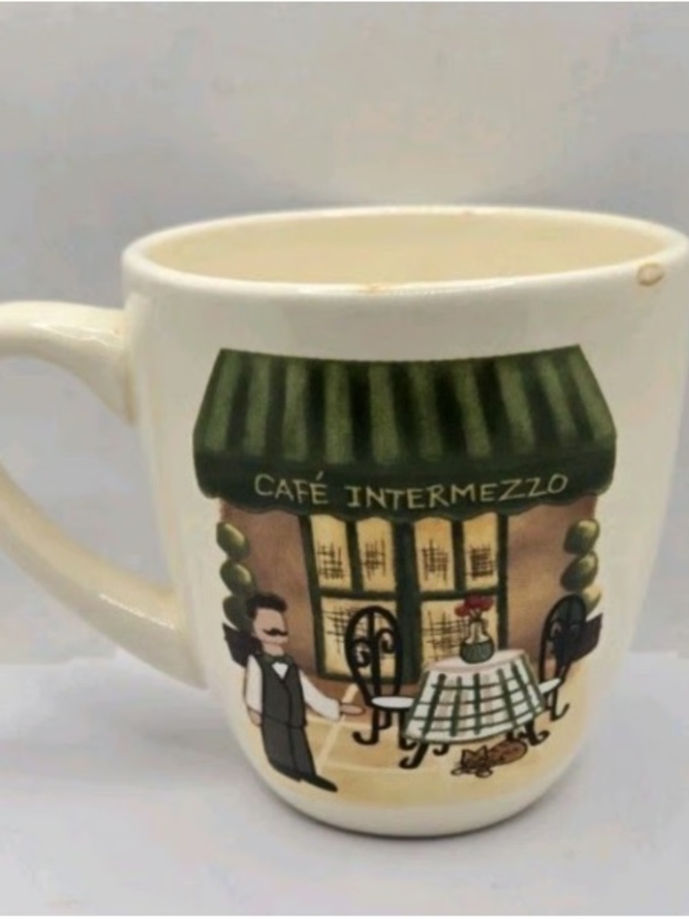 Café Intermezzo White Ceramic Mug with Green Bistro Artwork